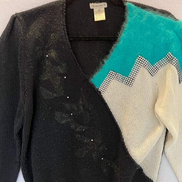 VTG Susann D 1980s Glam Color Block Sweater Medium Black White Blue Rhinestones - Picture 2 of 10